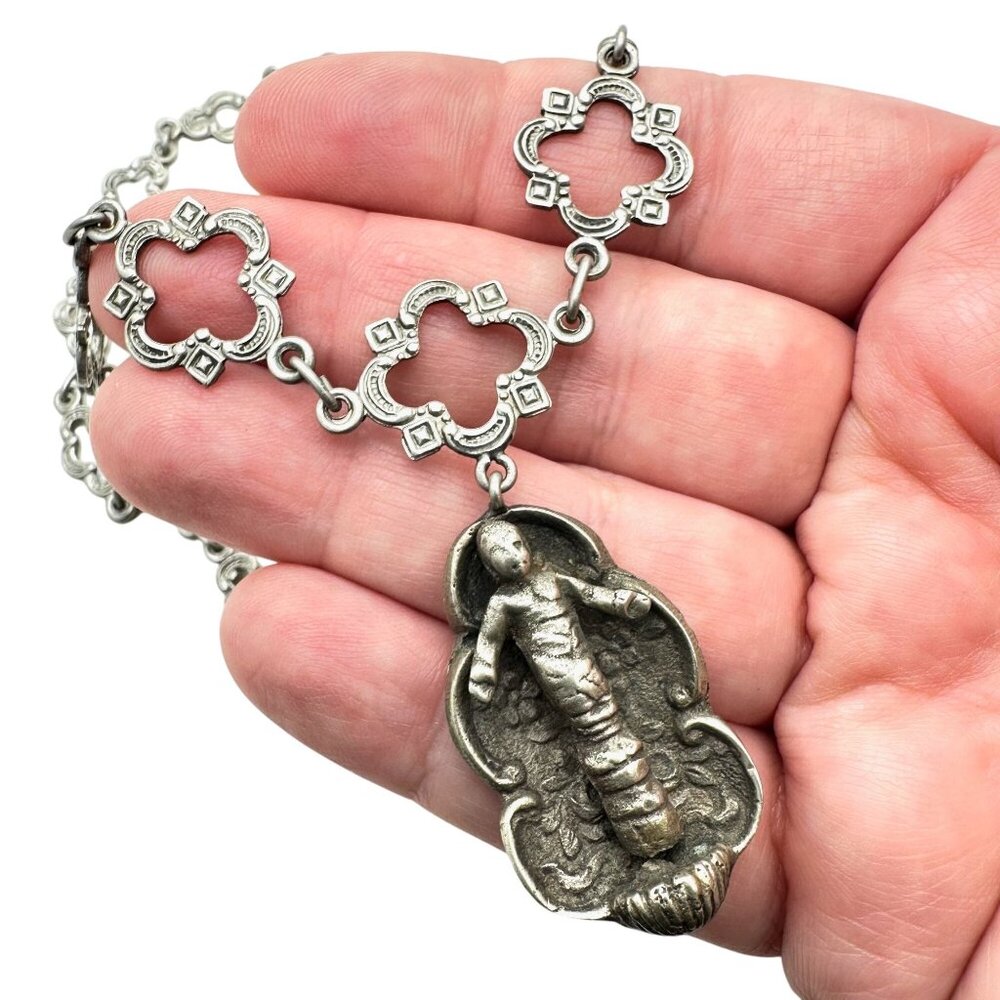 Antique Italy Gothic Necklace Chain Cherubs 800 Silver Peruzzi Vintage - Picture 2 of 4